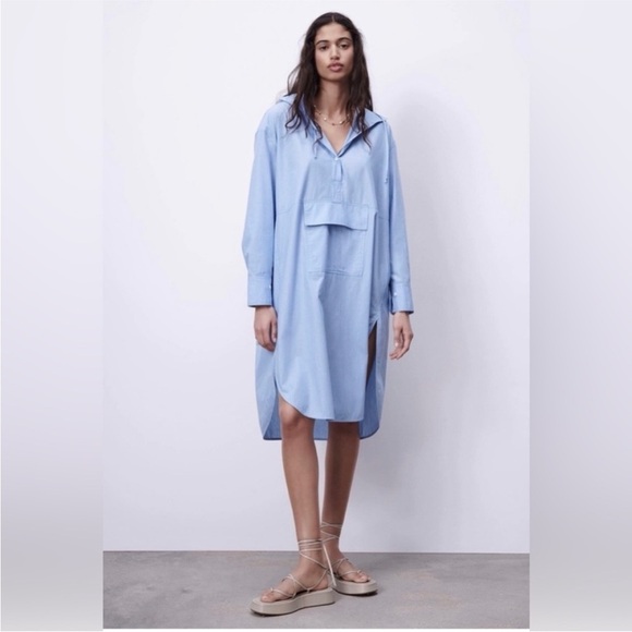 Zara oversized hooded poplin dress Size Medium NWT striped blue - Picture 2 of 8